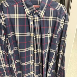 Vineyard Vines Men's Navy and Red Plaid Shirt
